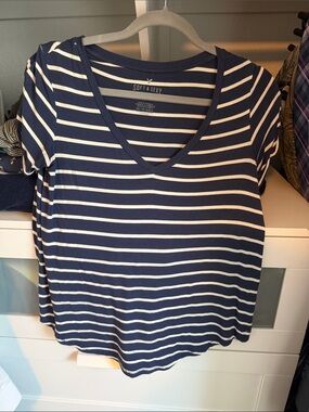 Aeropostale Navy and White Striped V-Neck Tee